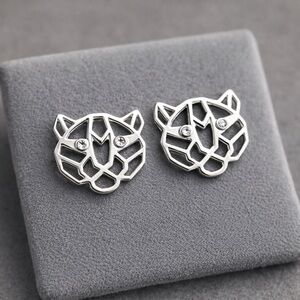 Sterling Silver Tiger Head Mosaic Earrings CZ Eye Detail | Classic Stud #549